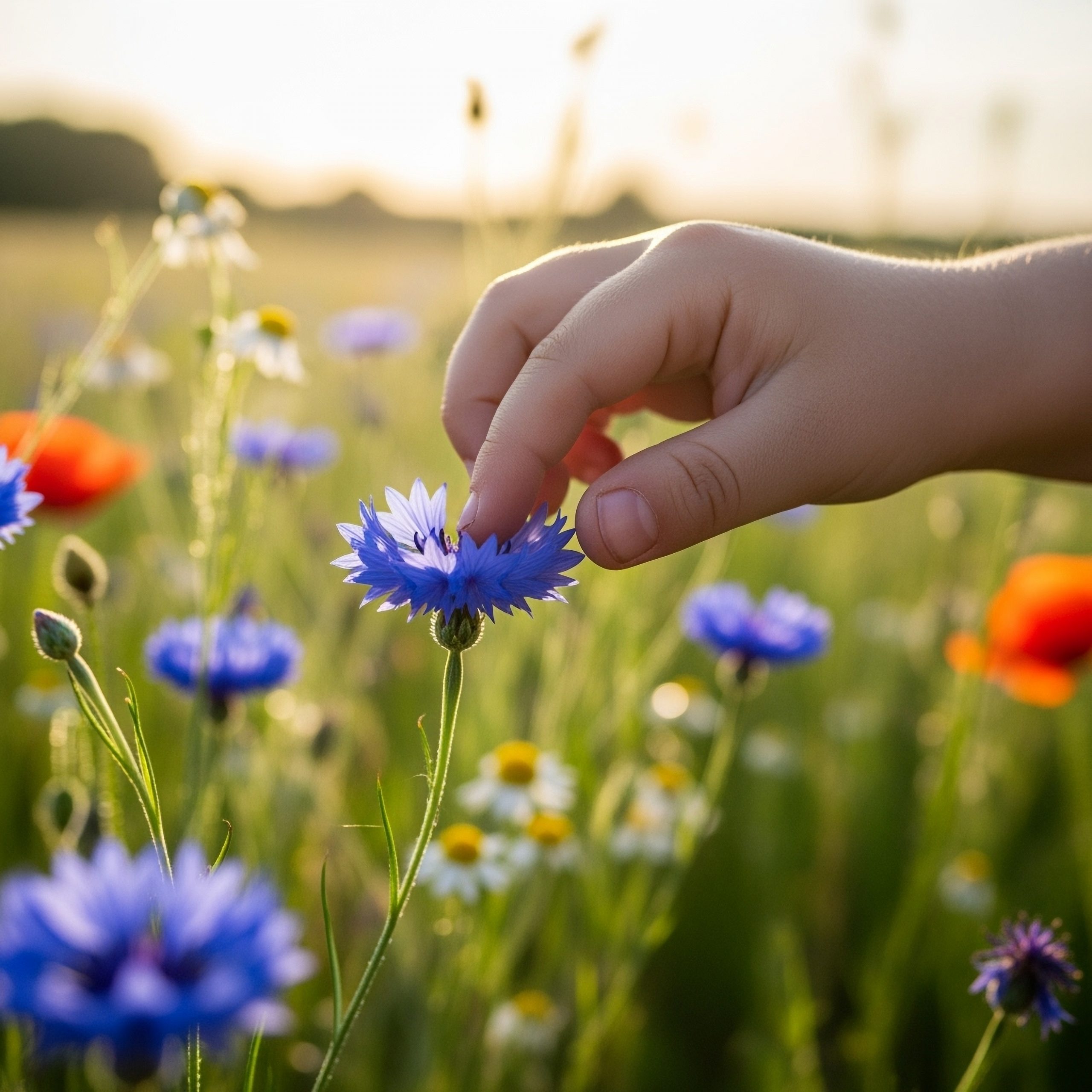 Kinderhand berührt Kornblume