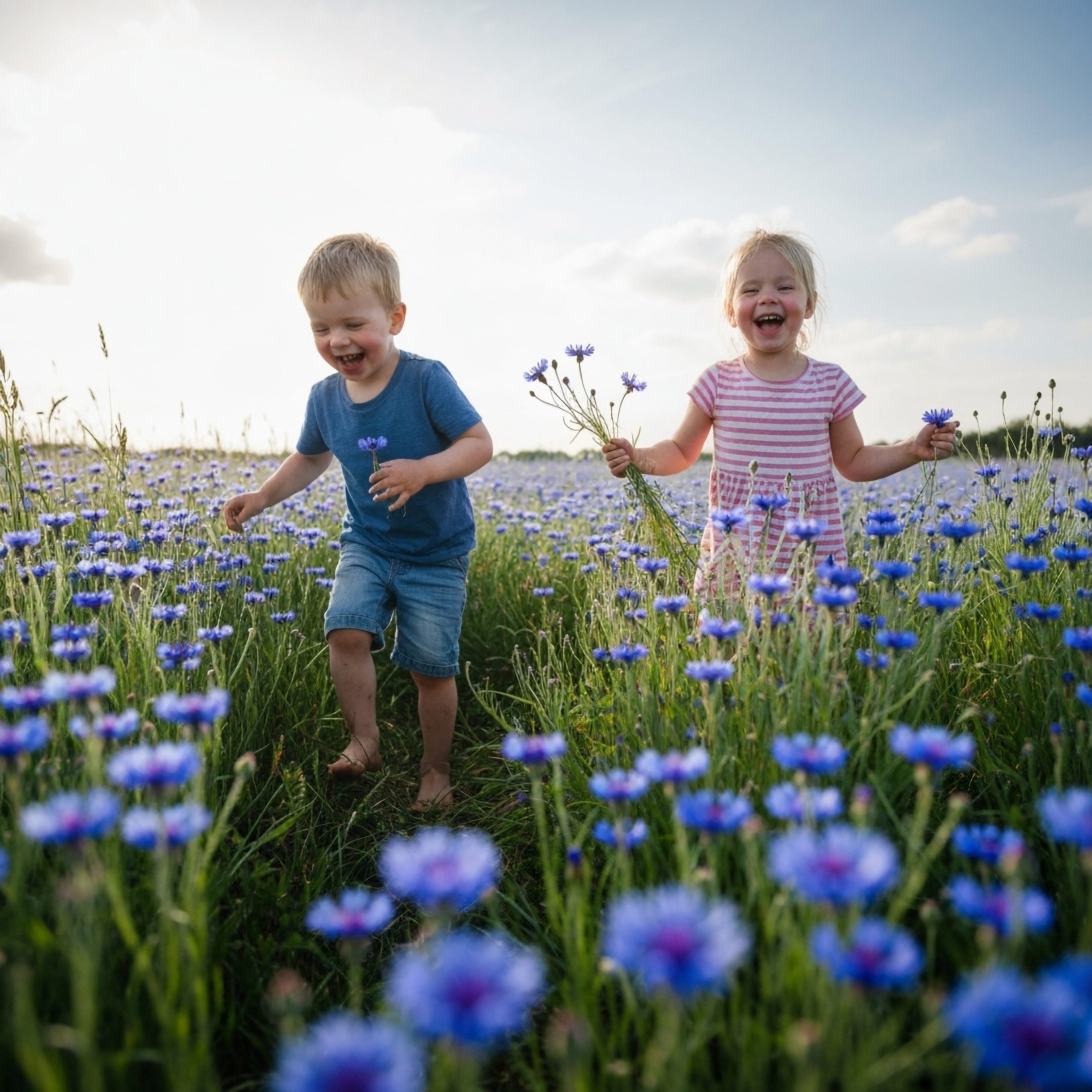 Zwei Kinder laufen und spielen im Kornfeld